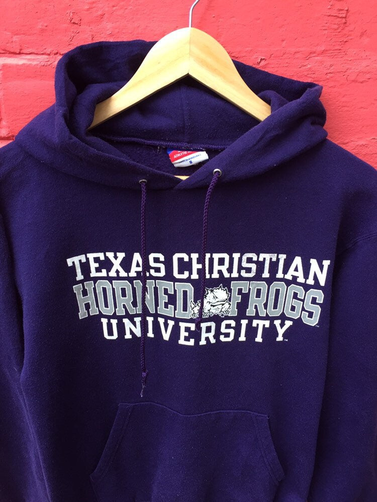 Vintage 90s Champion USA Texas Christian Horner frogs university hoodie purple white embroidered spellout size small