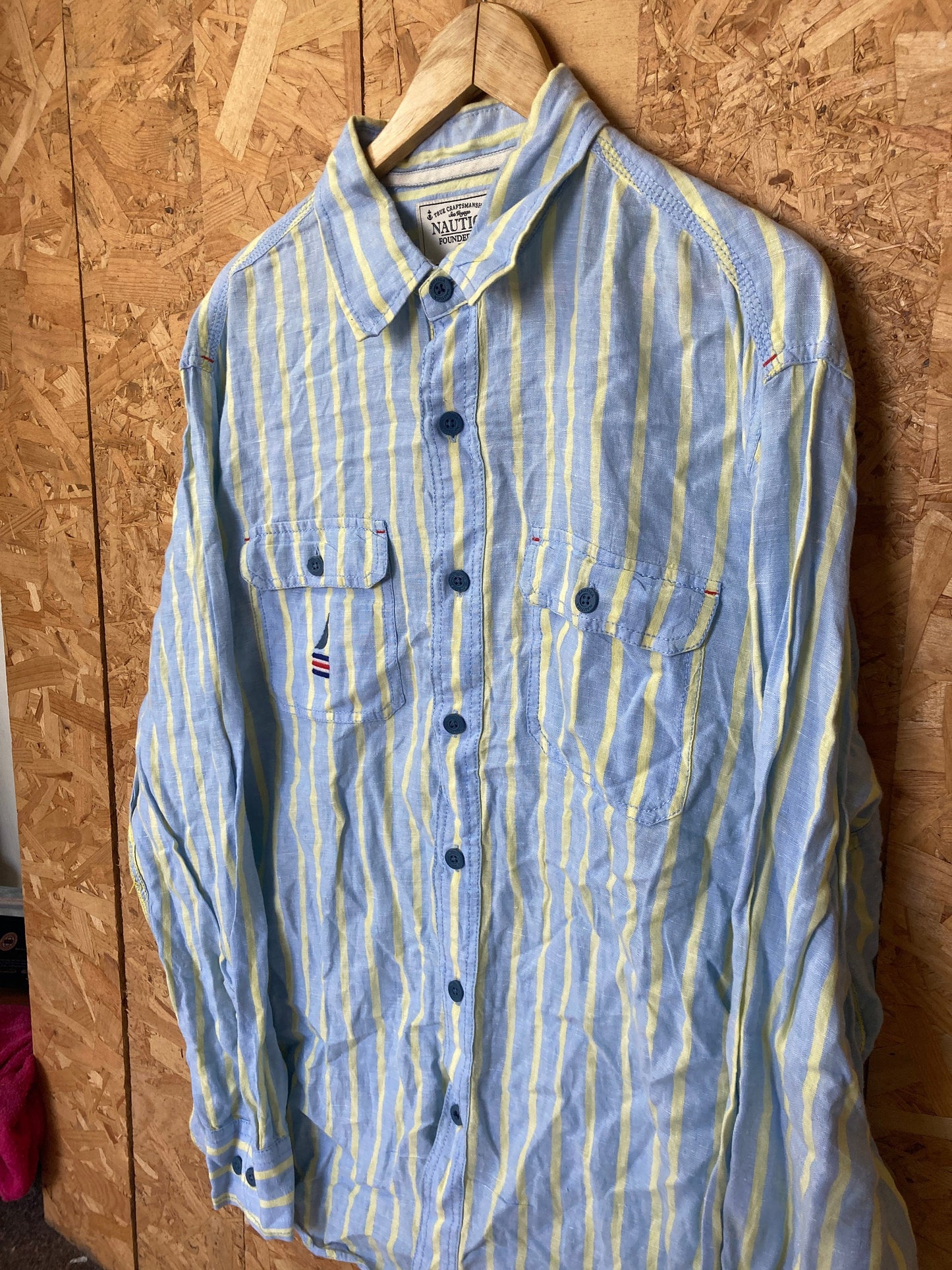 Vintage Y2K Nautica pastel blue yellow striped 100% linen preppy sailing long sleeve shirt size larg