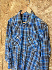 Vintage 80s Levis beige blue brown cotton check plaid western cowboy rancher shirt size large