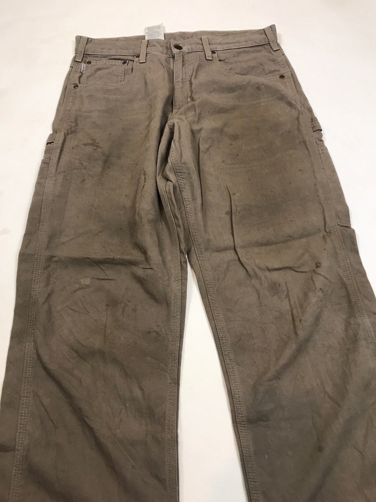 Vintage 90s distressed worn Carhartt light beige grey heavy cotton canvas duck weave workwear carpenter pants