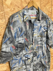 Vintage 90s abstract blue grey tropical floral surf hawaiian party beach cotton shirt size large by Bamboo Cay