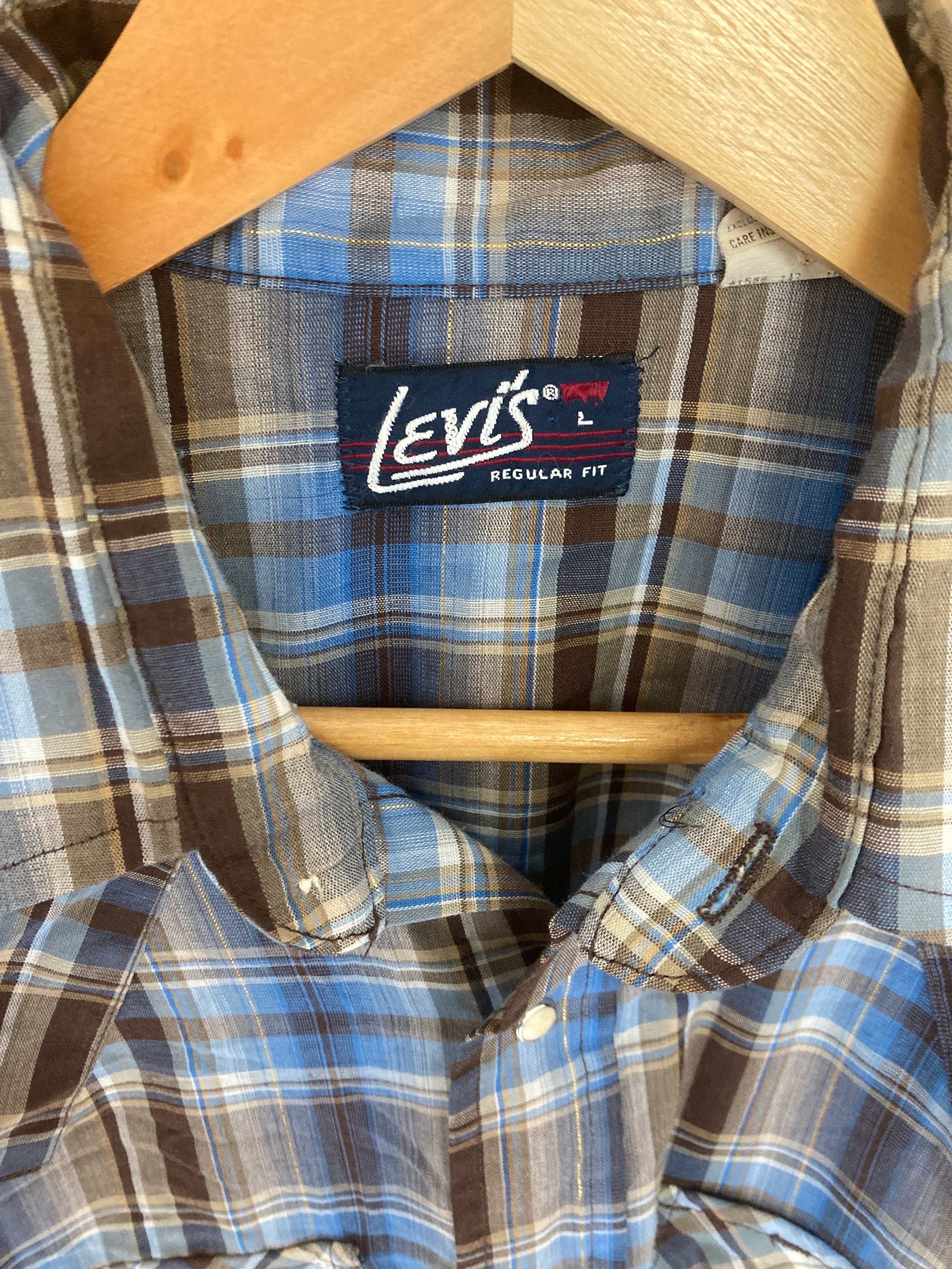 Vintage 80s Levis beige blue brown cotton check plaid western cowboy rancher shirt size large