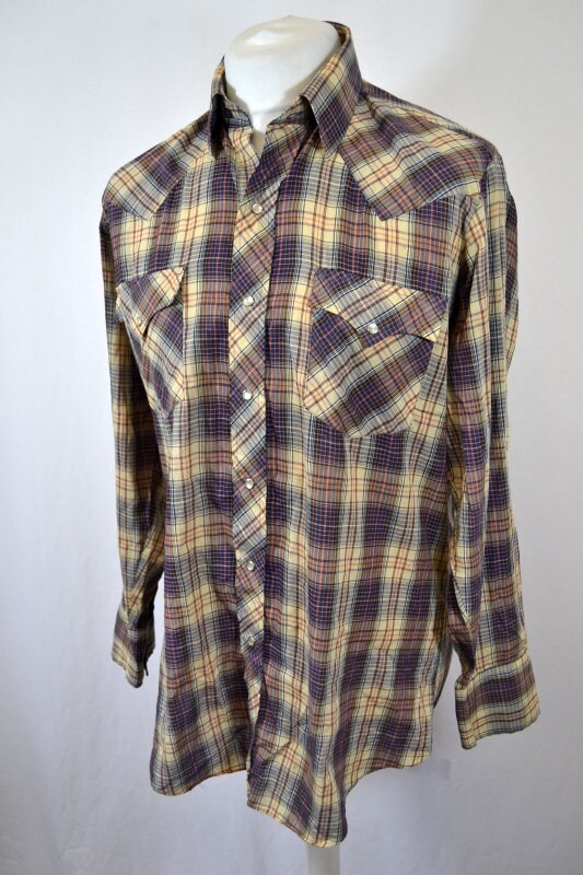 Vintage 80s beige blue red fine check western slim fit twin pocket cowboy shirt size XL