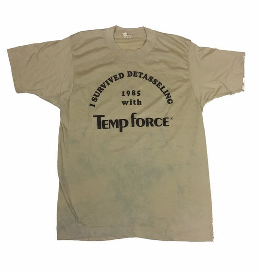 Vintage 80s USA souvenir beige distressed l survived detasseling 1985 with temp force t-shirt size large