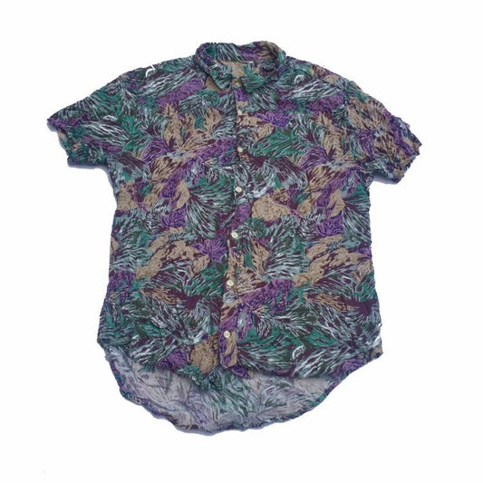 Vintage 90s floral abstract palm leaf hibiscus botanical purple grey green hawaiian party beach shirt size medium