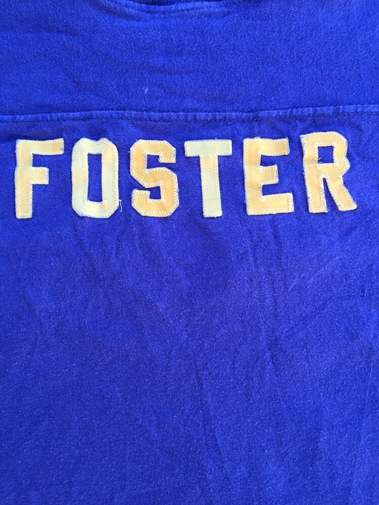 Vintage 80s NKO Foster player jersey USA college varsity souvenir navy blue distressed football t-shirt size XL