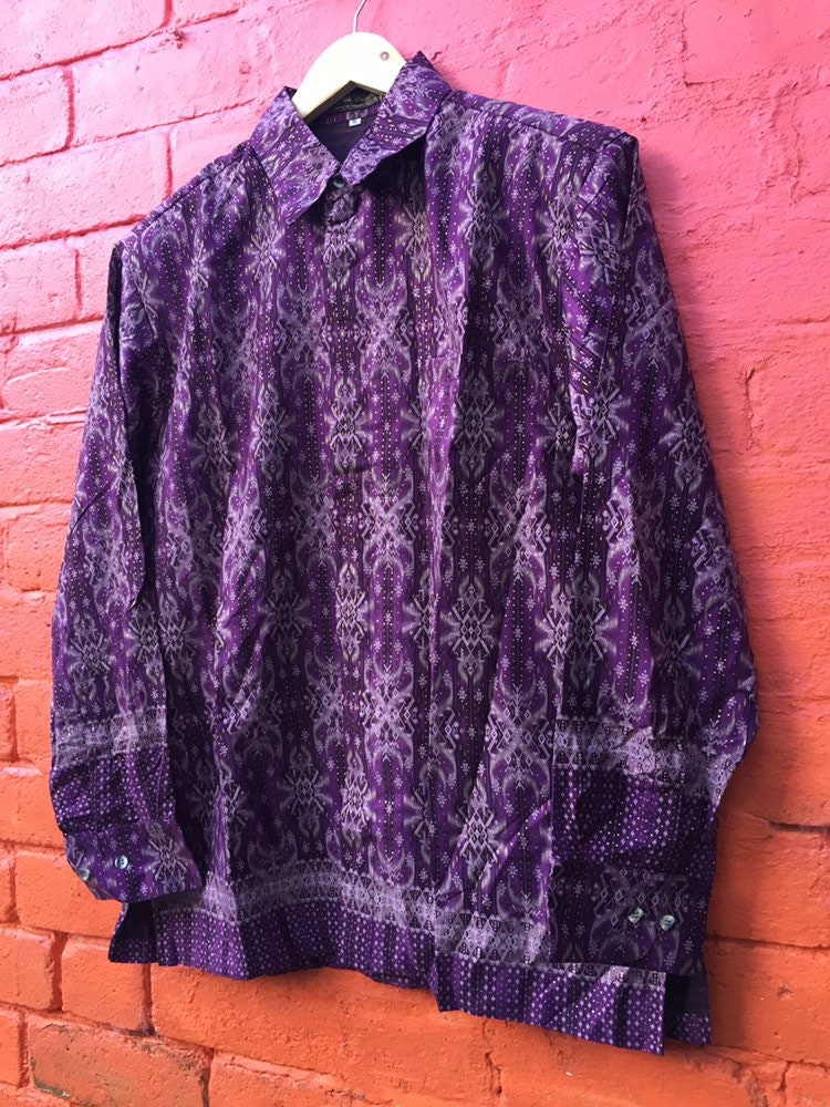 Vintage 80s tunic style silk Indonesian purple shirt with Aztec gold thread pattern size XL