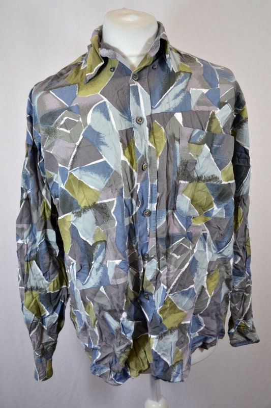 Vintage 90s Abstract green grey blue mosaic Pattern Eccentric party shirt size medium