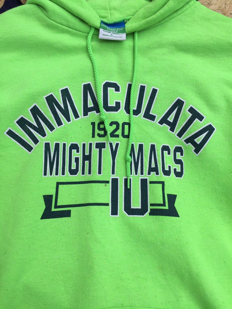 Vintage 90s Champion USA Immaculata Mighty Mac’s Varsity  college hoodie lime green & blue spellout