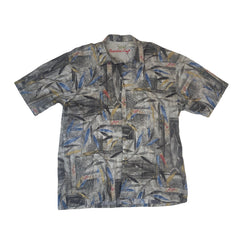 Vintage 90s abstract blue grey tropical floral surf hawaiian party beach cotton shirt size large by Bamboo Cay