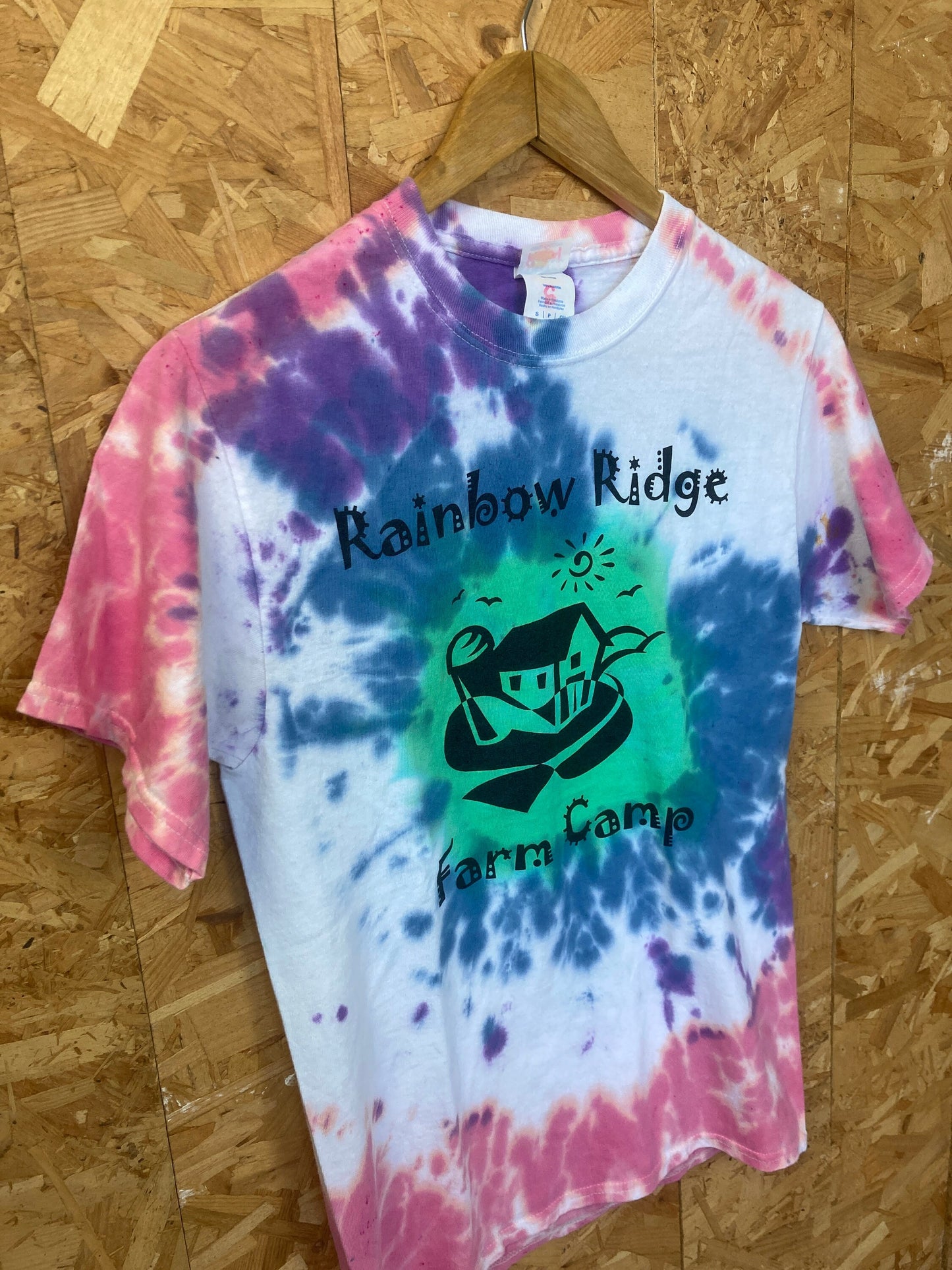 Vintage 90s Rainbow Ridge Farm Camp USA bootcamp pink blue green tie dye souvenir festival t-shirt s