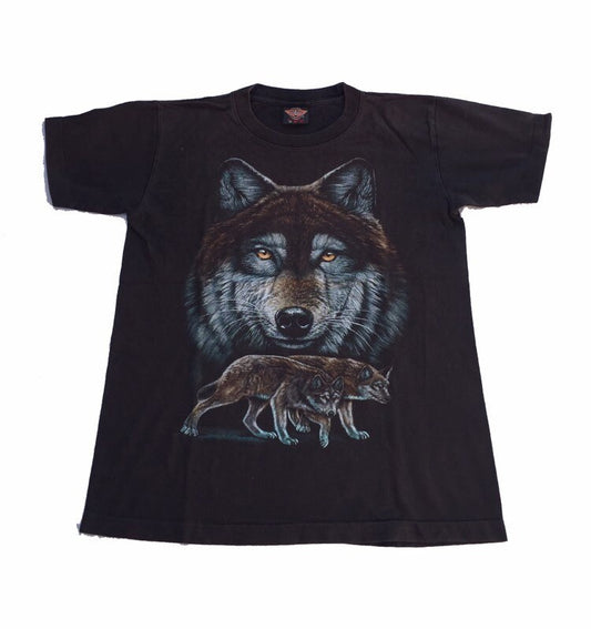 Vintage Wolf animal printed nature scene black t-shirt size small