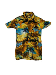 Vintage 90s Hawaiian shirt yellow blue palms beach scene soft rayon size XS