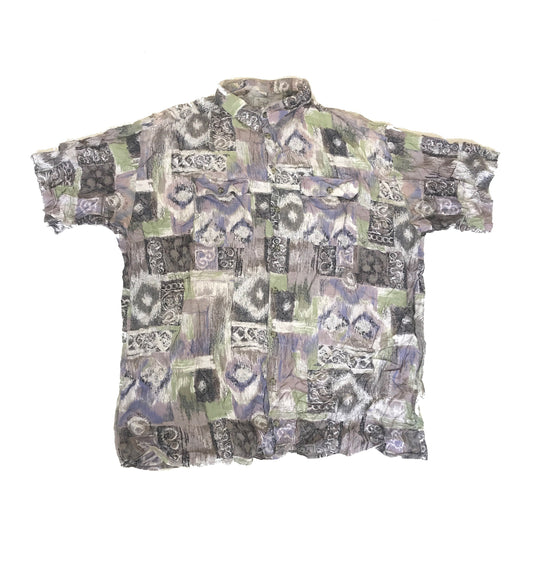 Vintage 90s mens pastel light green purple grey abstract trippy pattern short sleeve summer party shirt size XXL