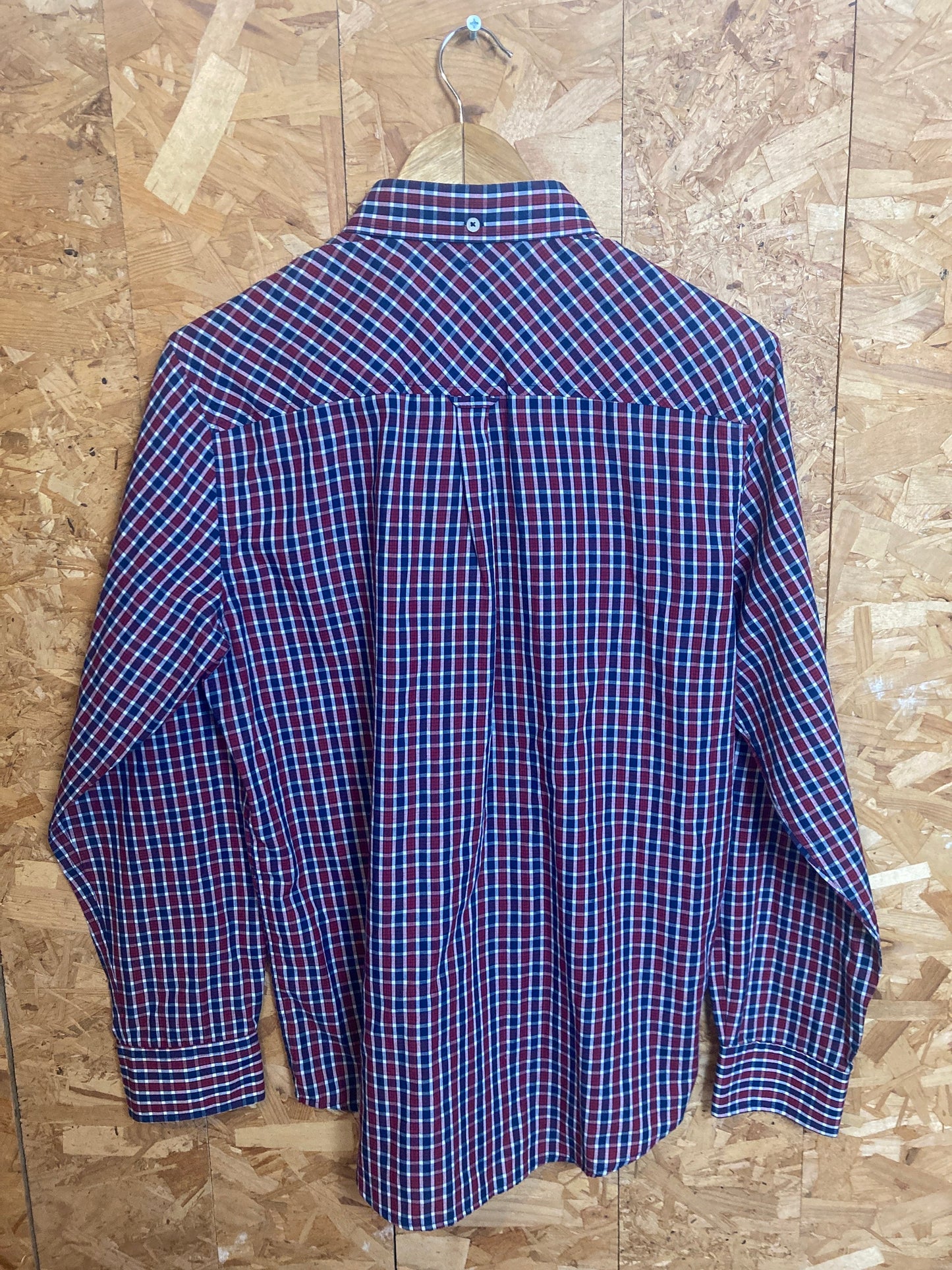 Vintage Ben Sherman dark red navy gingham fine tablecloth check long sleeve Mod skinhead retro punk small