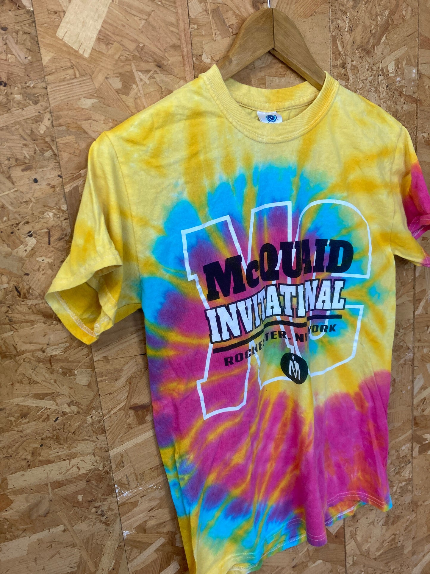 Vintage 90s McQuaid Invitational Rochester New York USA pink yellow blue rainbow tie dye souvenir festival t-shirt size small