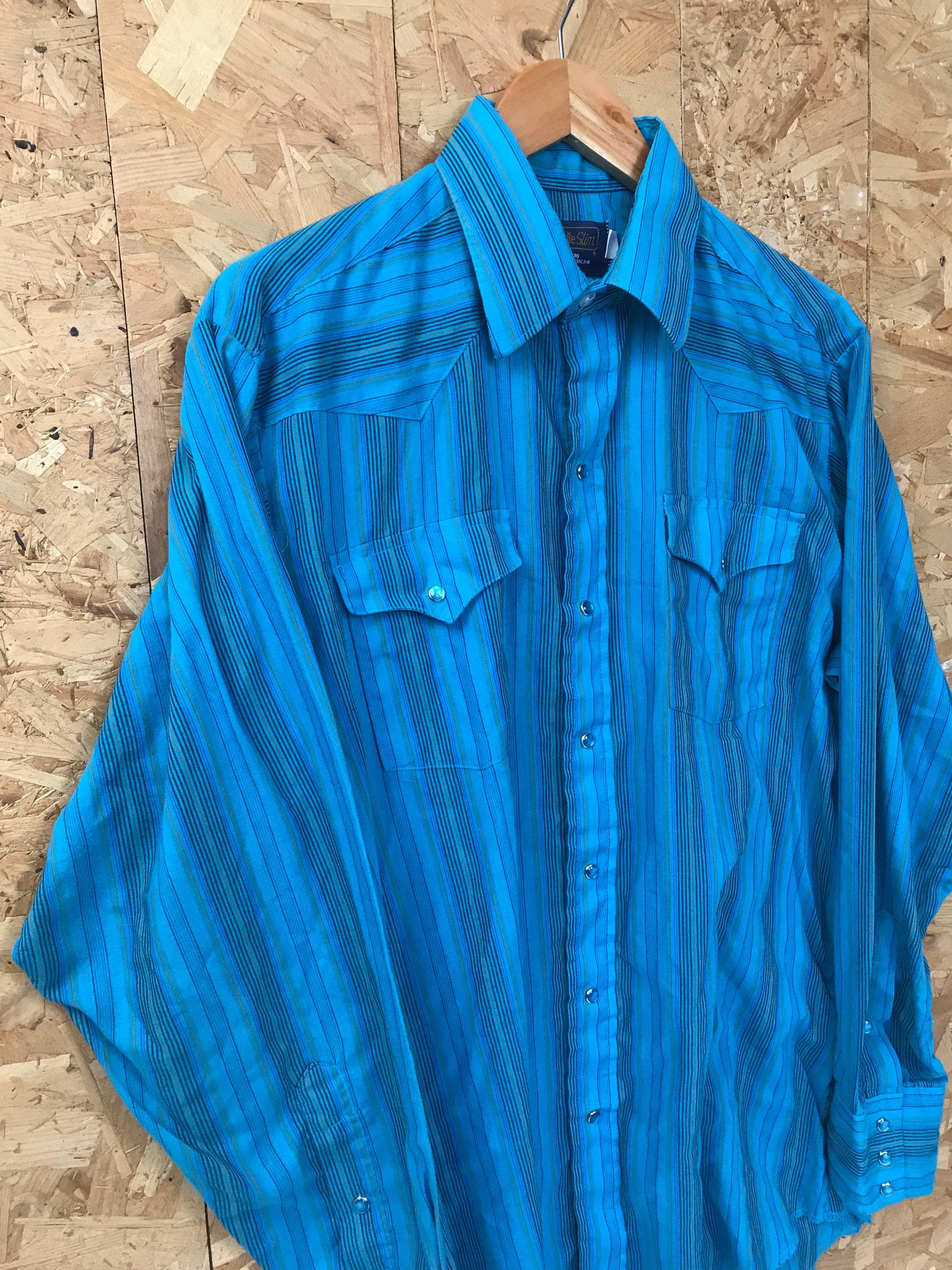 Vintage 80s Panhandle Slim turquoise blue cotton striped USA western shirt size large 16/32