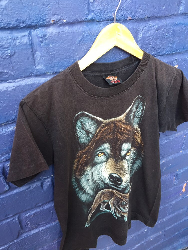 Vintage Wolf animal printed nature scene black t-shirt size small