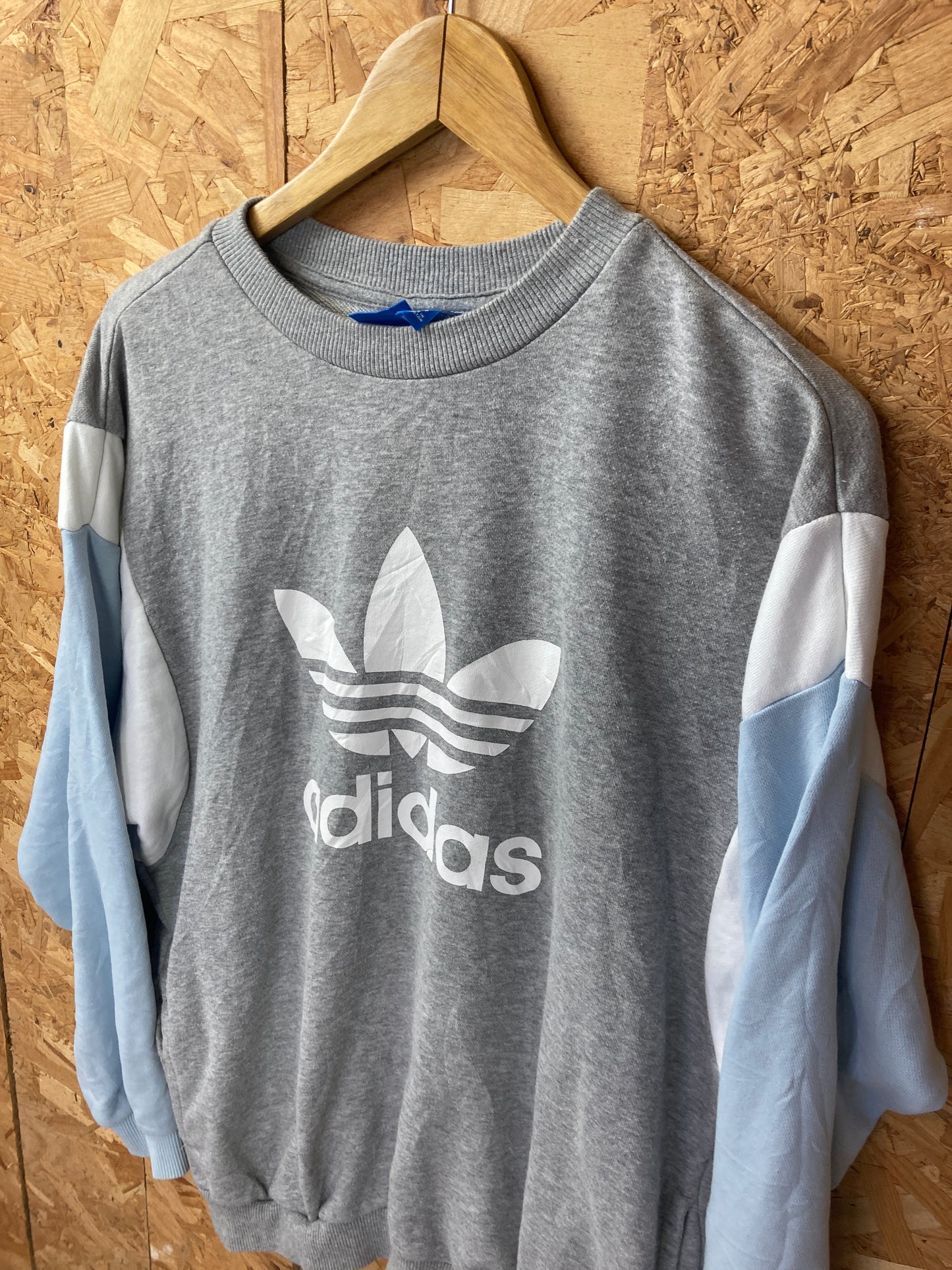 Vintage grey white blue Adidas logo print crew neck sweater size medium