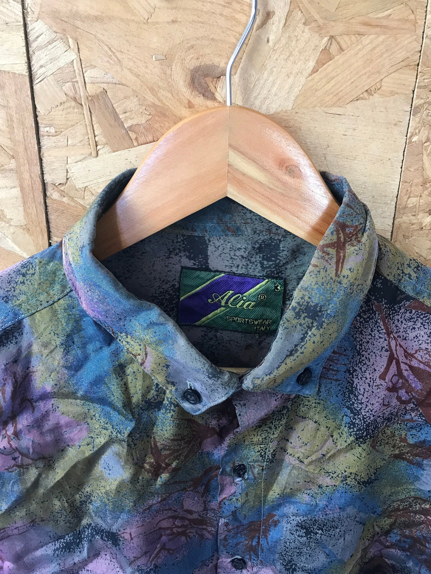 Vintage 90s purple olive blue grungy abstract pattern ugly long sleeve shirt size large