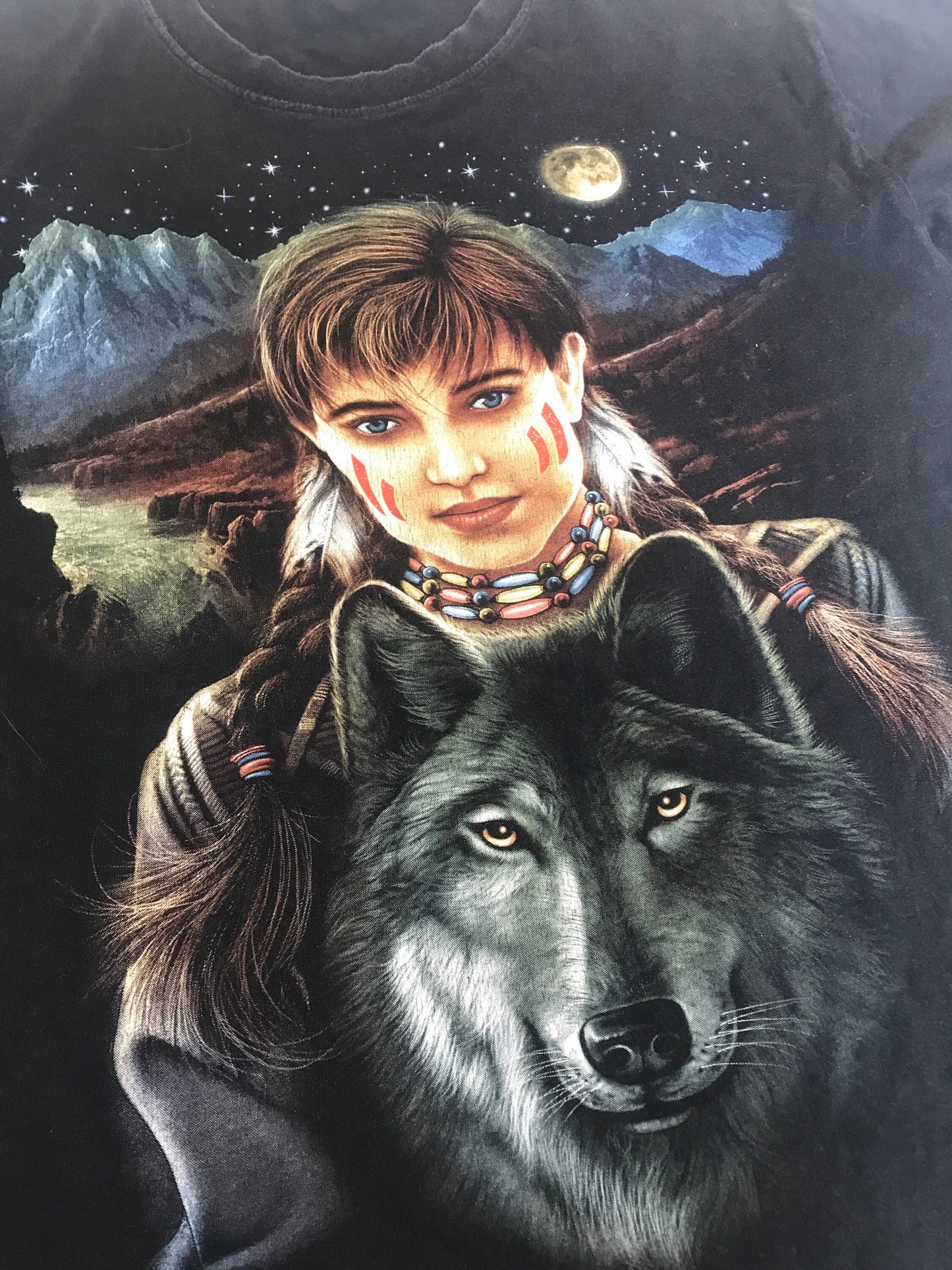 Vintage moon child & wolf animal nature scene black t-shirt size large