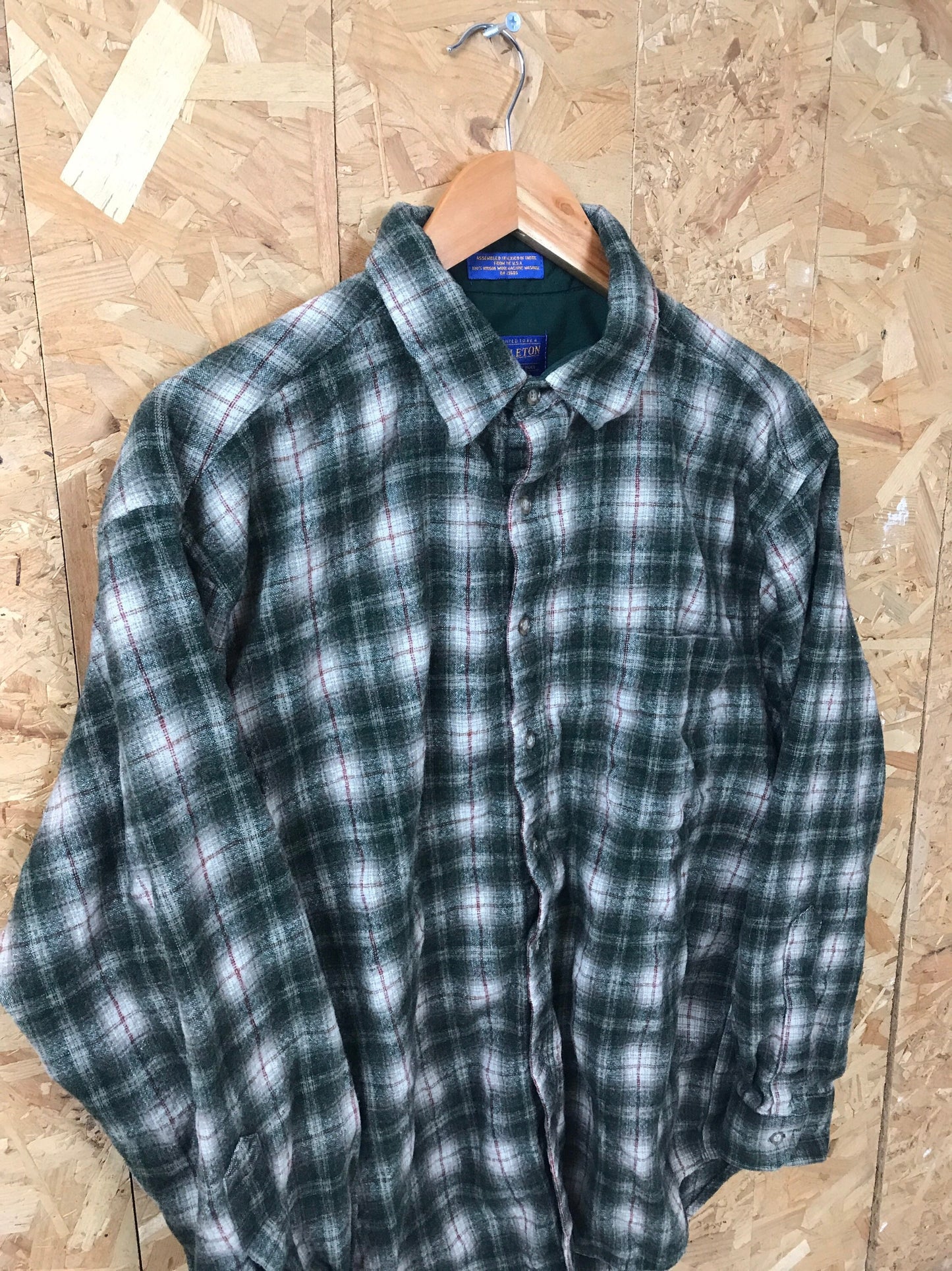 80s vintage Pendleton USA  green brown beige check wool western shirt size large