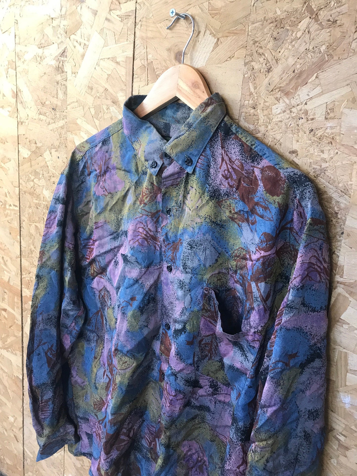 Vintage 90s purple olive blue grungy abstract pattern ugly long sleeve shirt size large