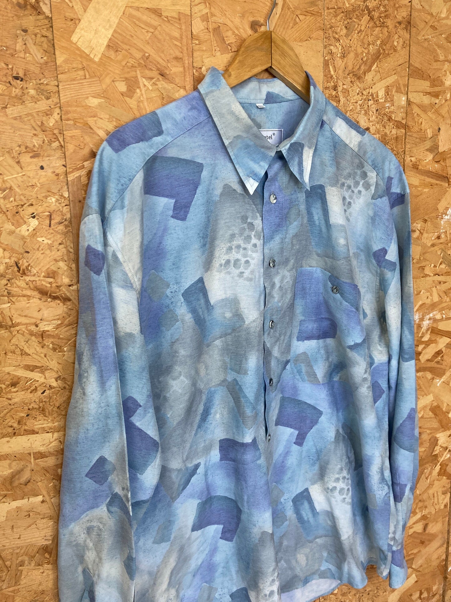 Vintage 90s Pastel yellow blue abstract Watercolour print long sleeve viscose party eccentric shirt size XL