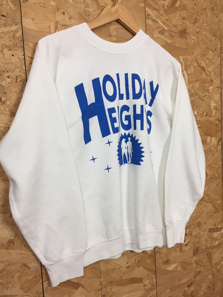 Vintage 80s USA quirky Holiday Heights white blue crew neck sweater size large