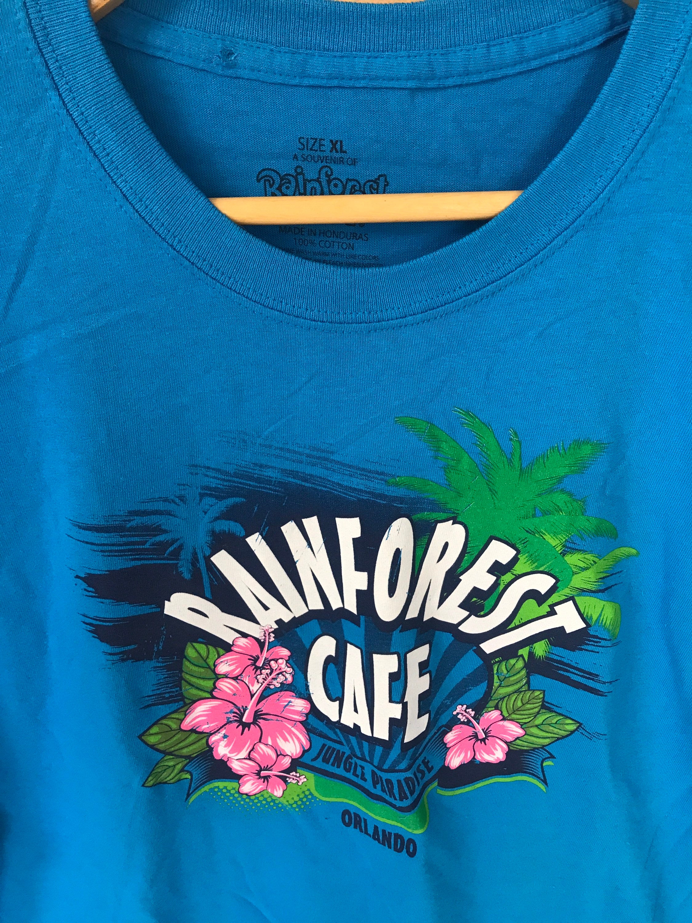 Vintage Y2K Rainforest Cafe Orlando USA souvenir blue t shirt size XL