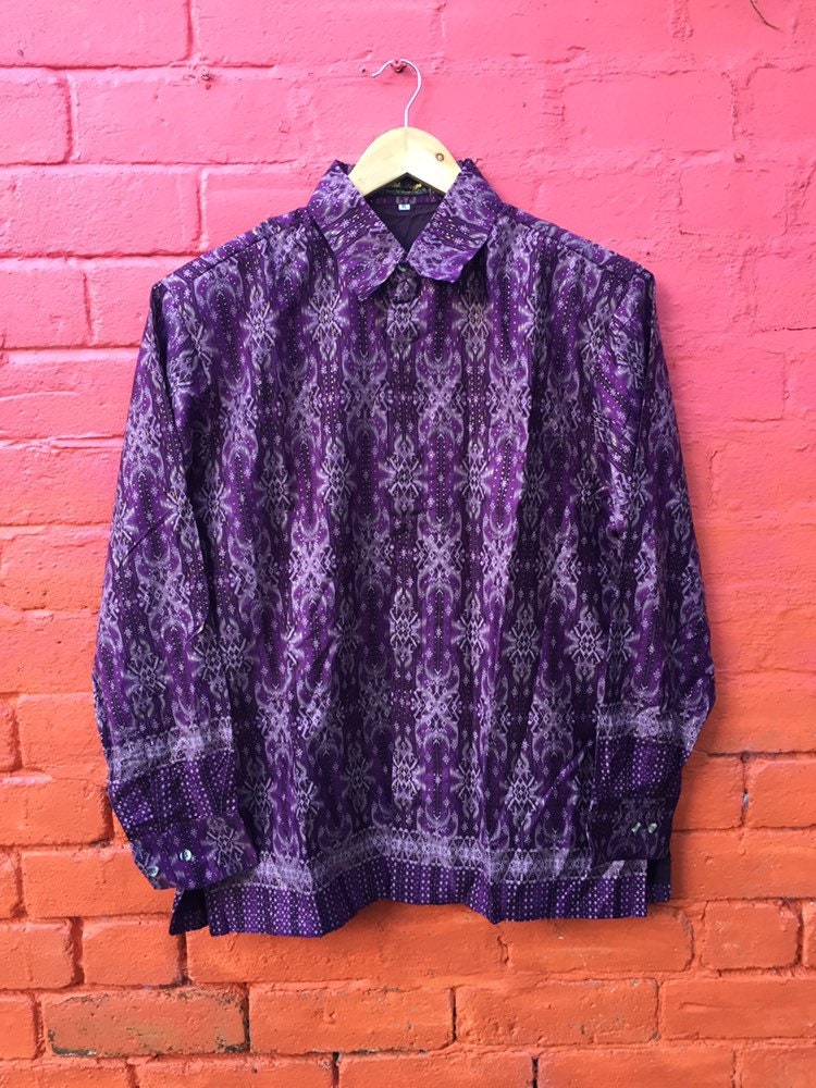 Vintage 80s tunic style silk Indonesian purple shirt with Aztec gold thread pattern size XL