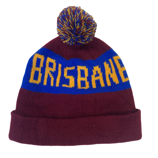 Vintage Brisbane Australia spell out blue yellow burgundy red winter beanie bobble hat