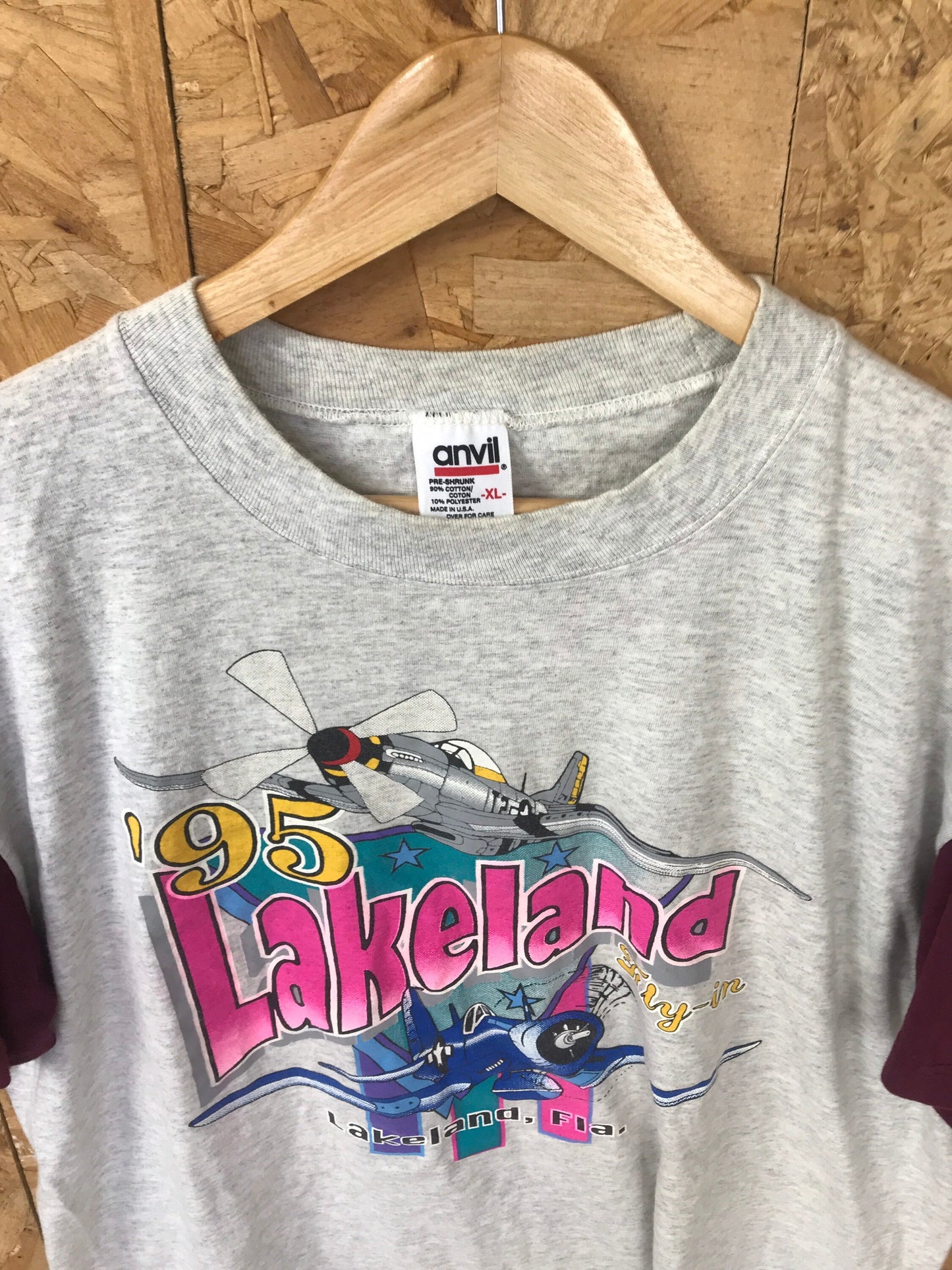 Vintage 95 Lakeland Fly-In aeronautical festival USA souvenir grey marl & dark red t shirt size XL