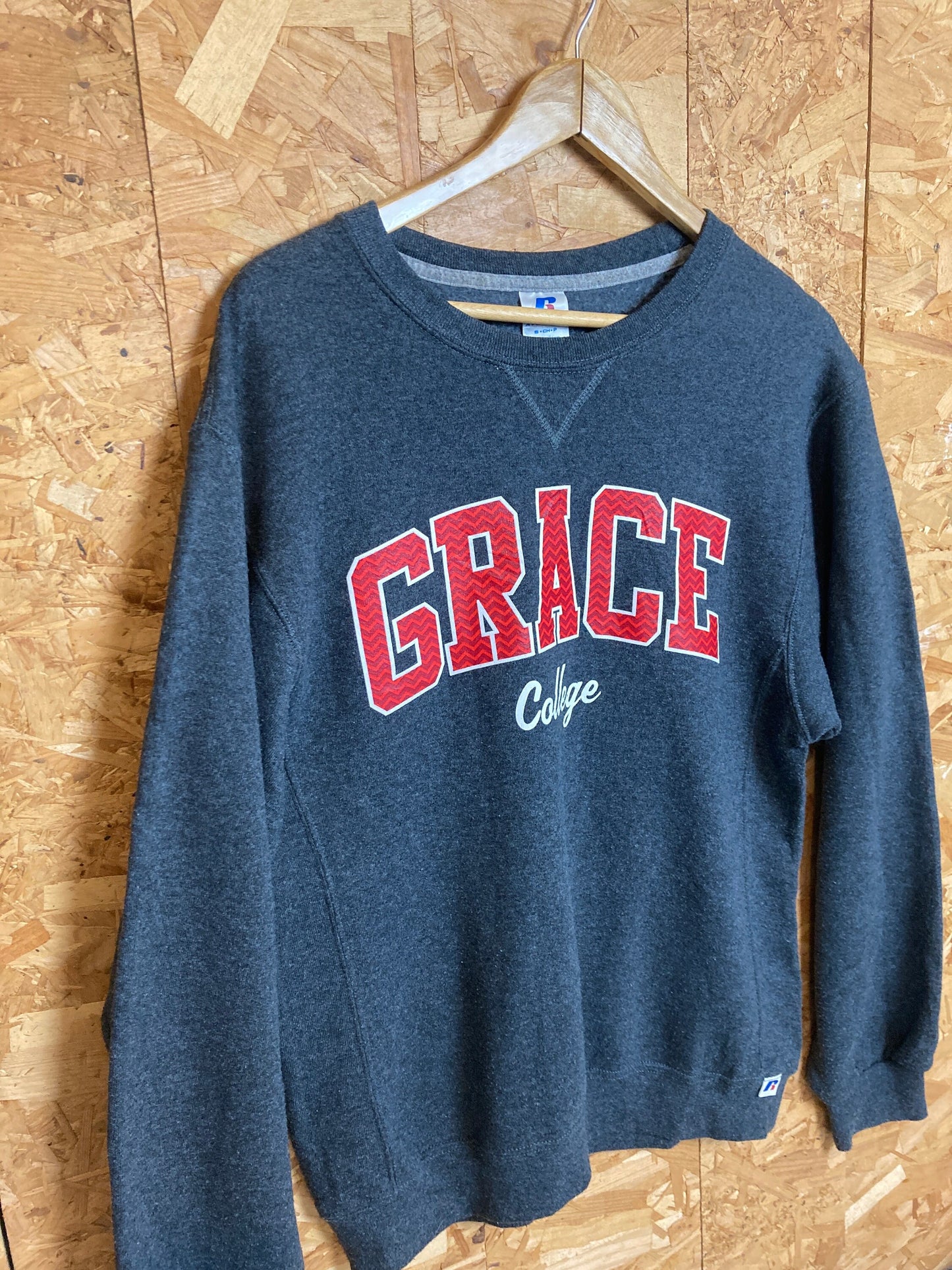 Vintage 90s Grace College grey red crew neck sweater size small by Russel Athletic