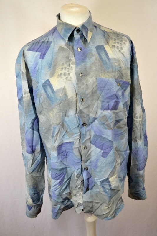 Vintage 90s blue pastel abstract pattern long sleeve grungy eccentric shirt size large