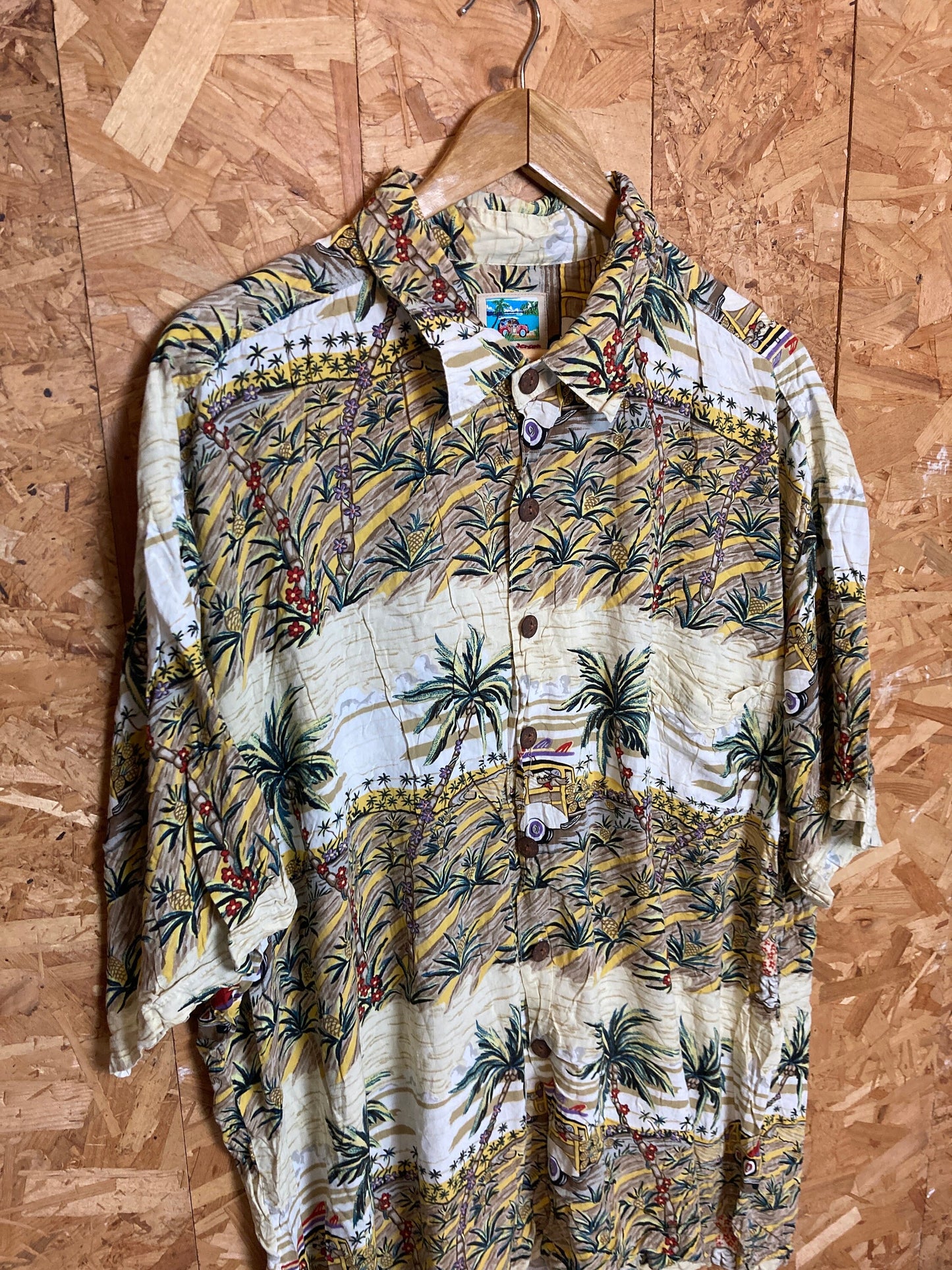 Vintage 90s Ron Anderson green cream magnolia flower botanical hibiscus floral pattern Hawaiian beac