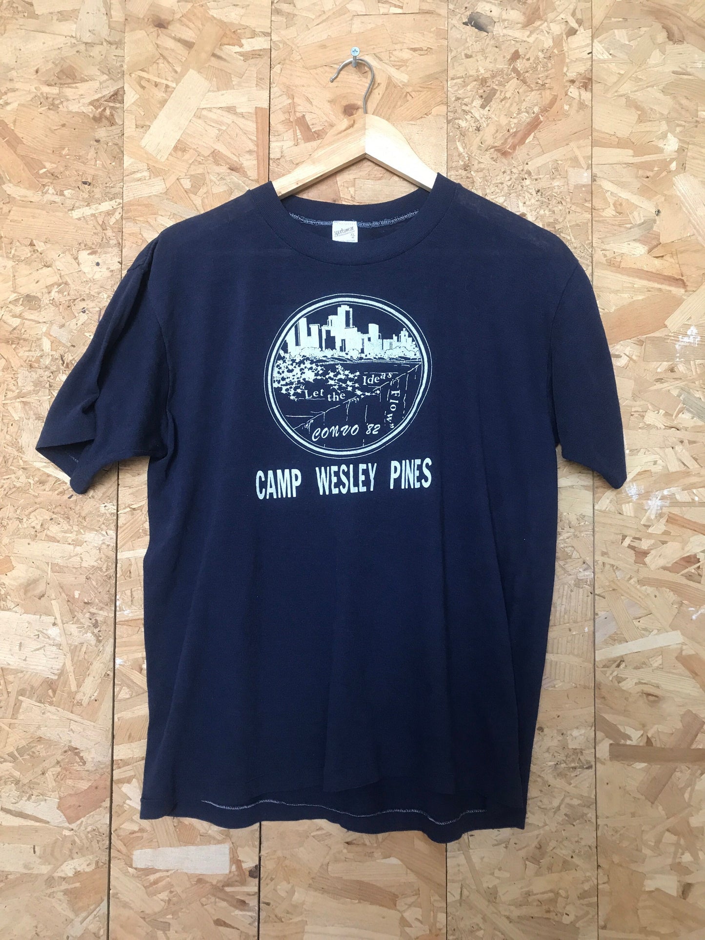 Vintage 82 Camp Wesley Pines Methodist church USA souvenir navy blue t-shirt size XL