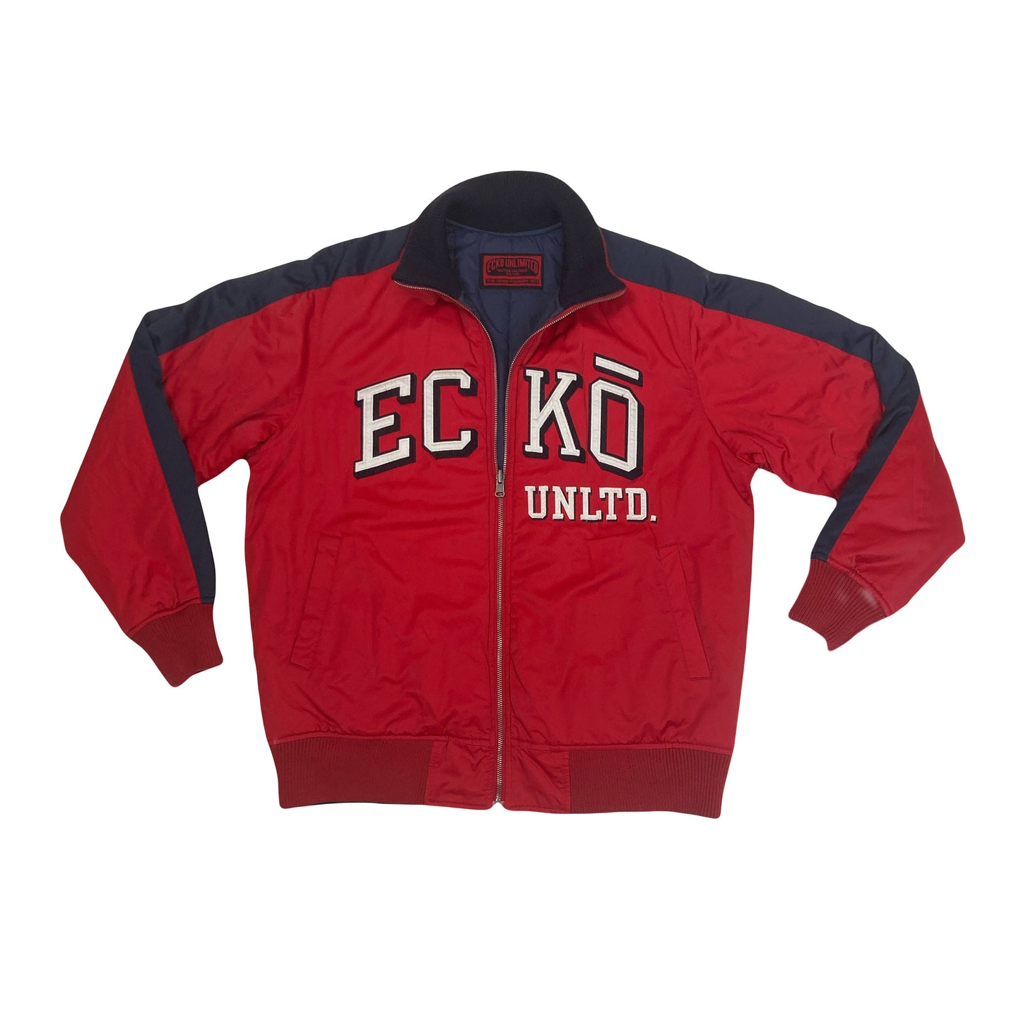 Vintage Ecko Unltd red black spell out heavy duty bomber style zip jacket size XL