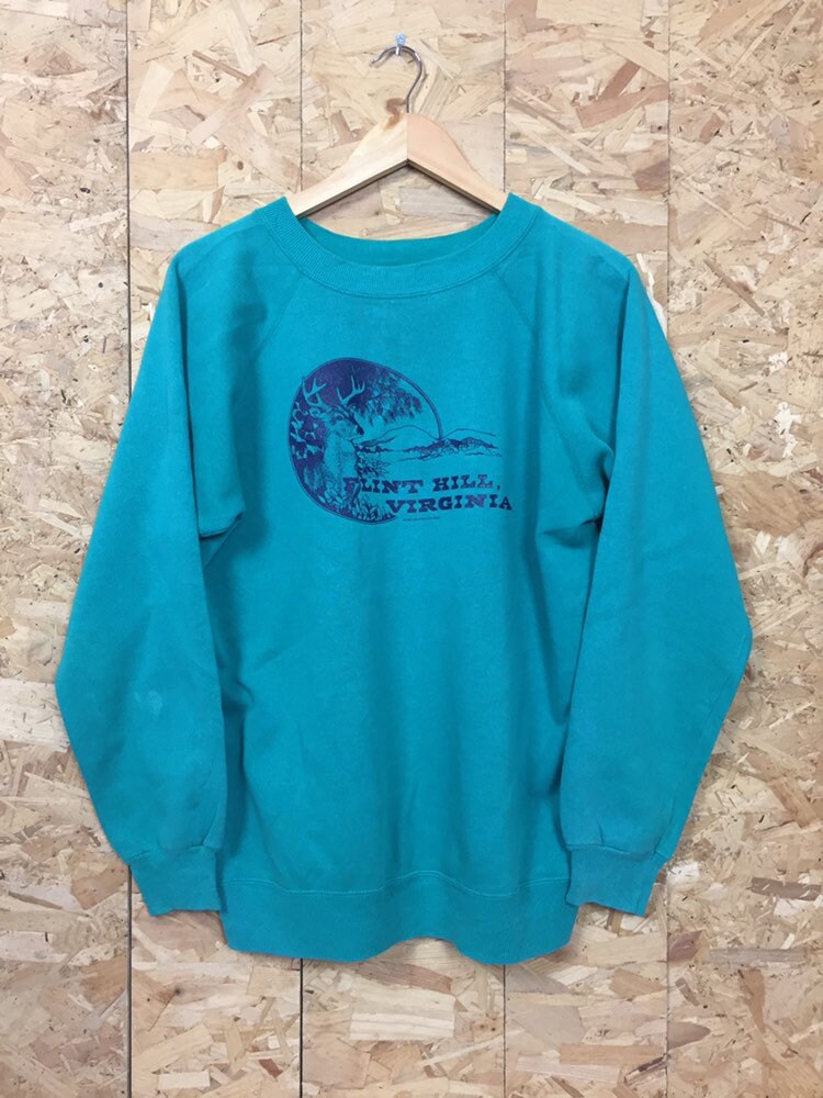 Vintage 80s USA souvenir Flint Hill Virginia turquoise crew neck sweater size large