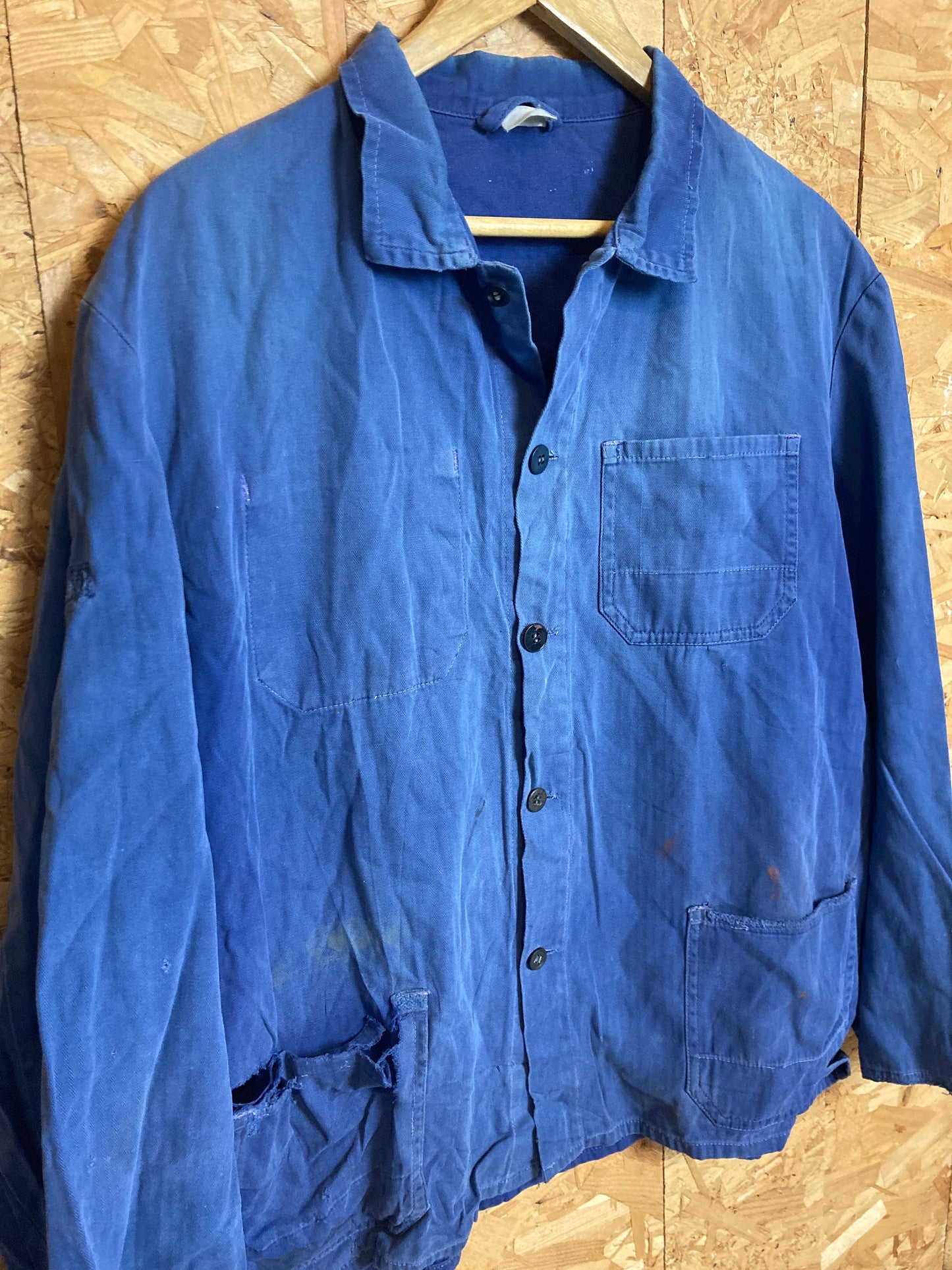 Vintage 70s French blue workers chore distressed herringbone button jacket size large