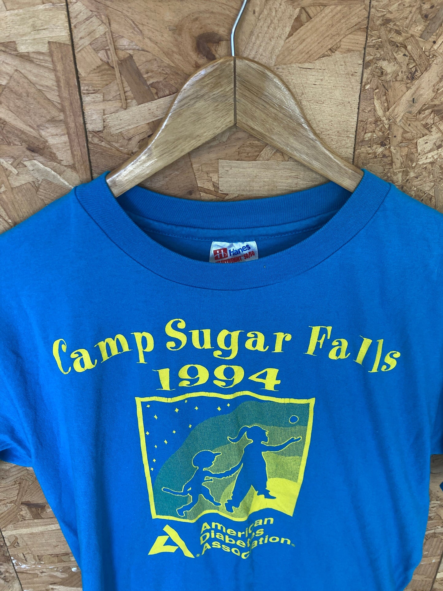 Vintage 90s Quirky Camp Sugar Falls souvenir single stitch USA bright blue & yellow t-shirt size medium