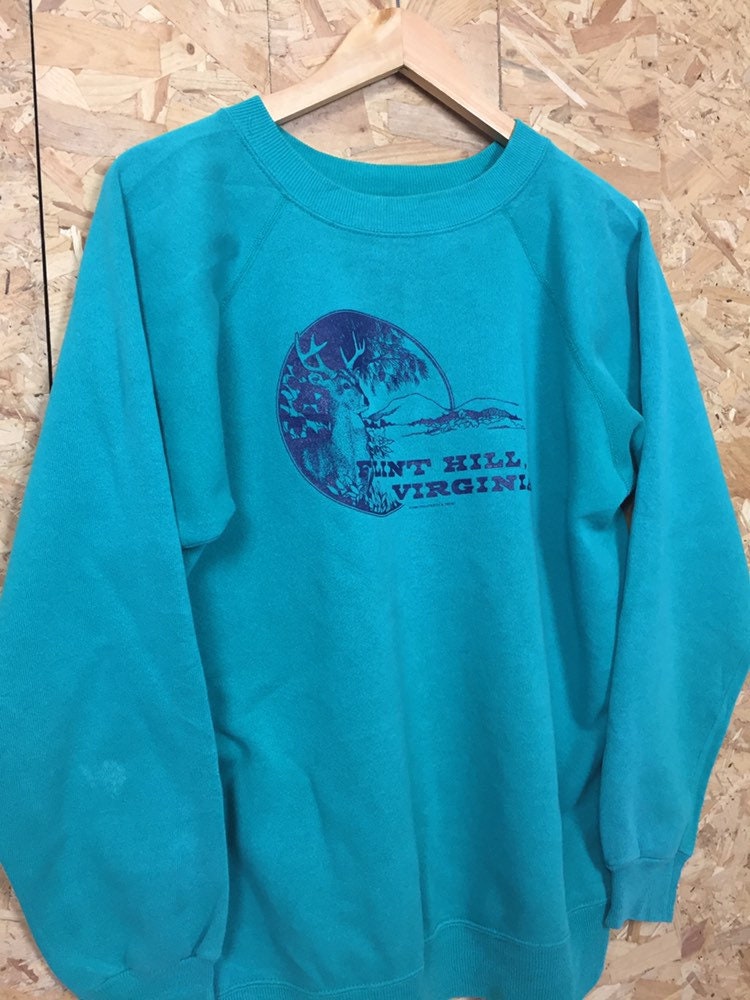 Vintage 80s USA souvenir Flint Hill Virginia turquoise crew neck sweater size large