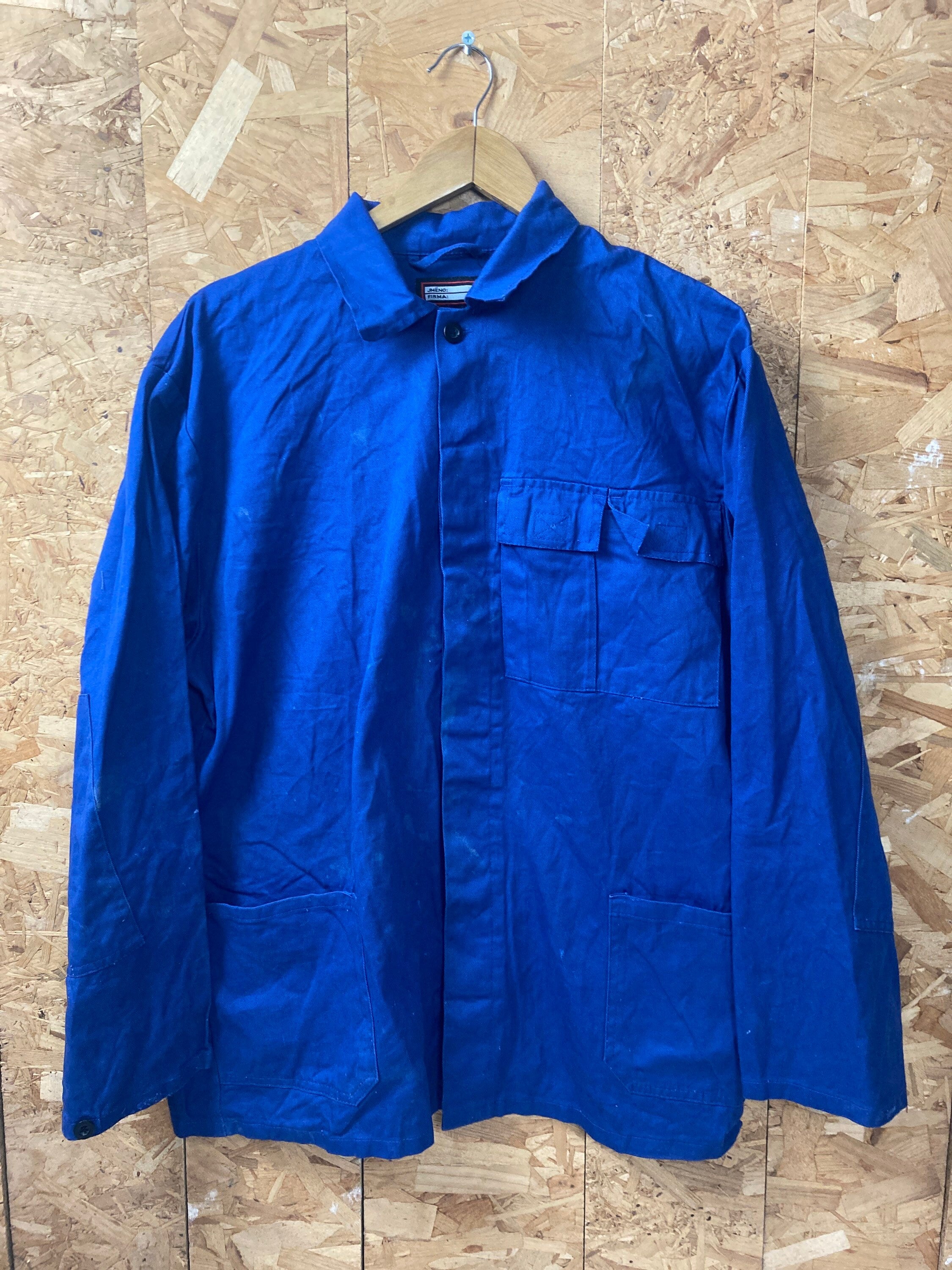 Vintage 90s French / Eastern Europe mid cobalt blue workers chore button jacket sanforized cotton drill distressed size large