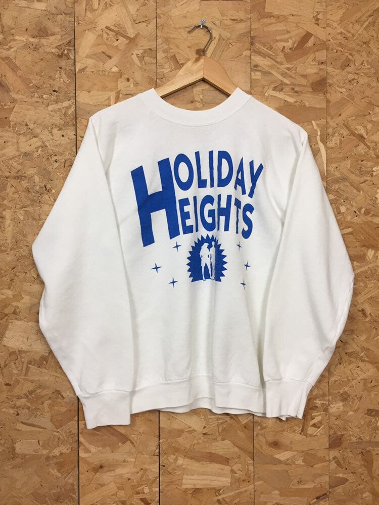 Vintage 80s USA quirky Holiday Heights white blue crew neck sweater size large