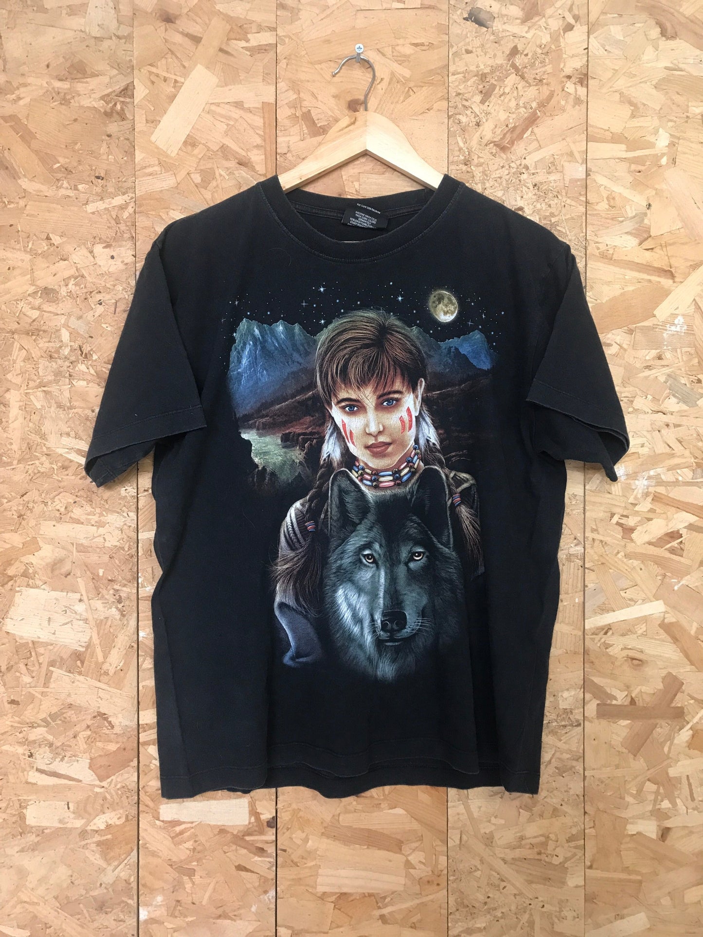 Vintage moon child & wolf animal nature scene black t-shirt size large