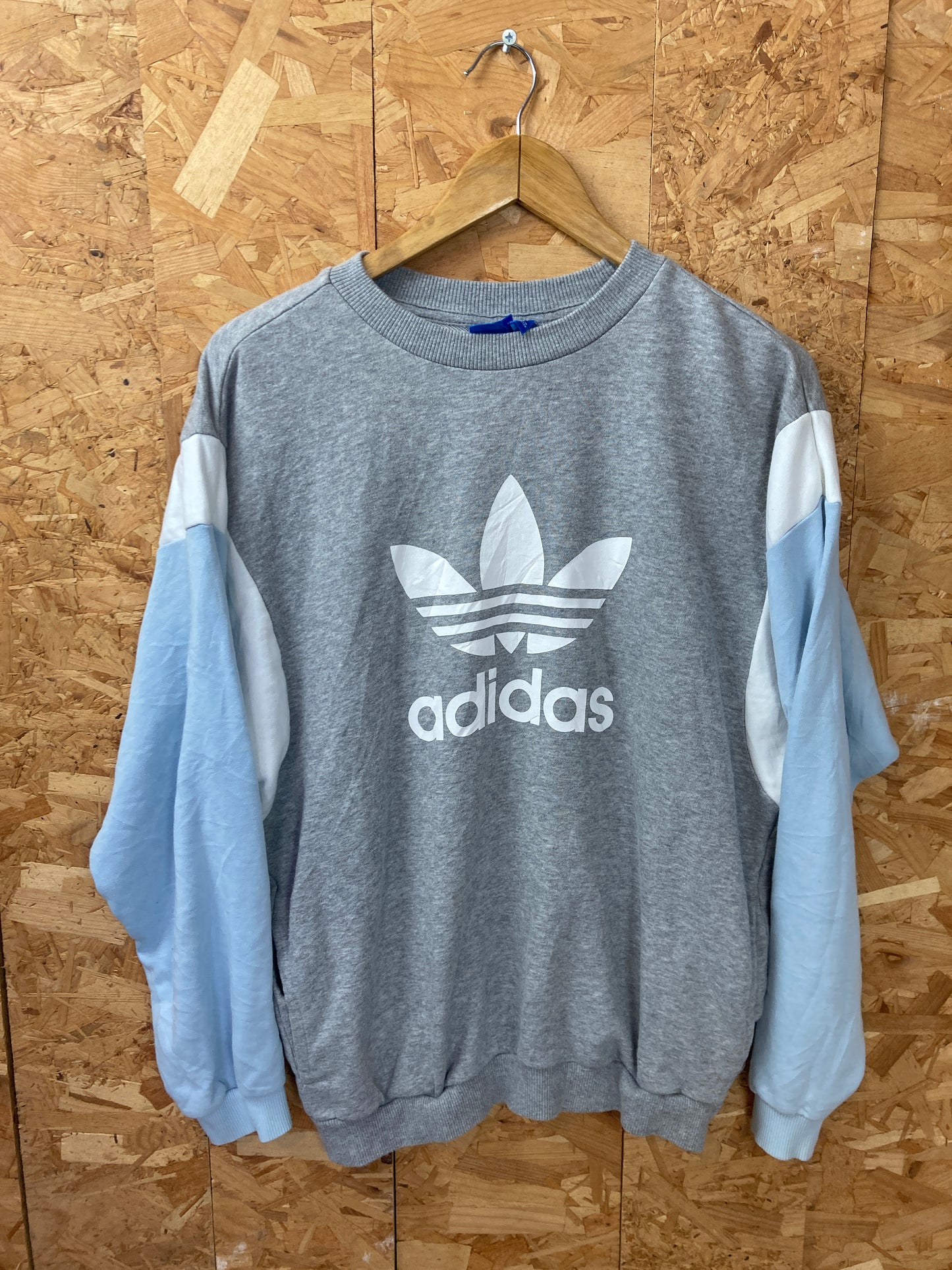 Vintage grey white blue Adidas logo print crew neck sweater size medium