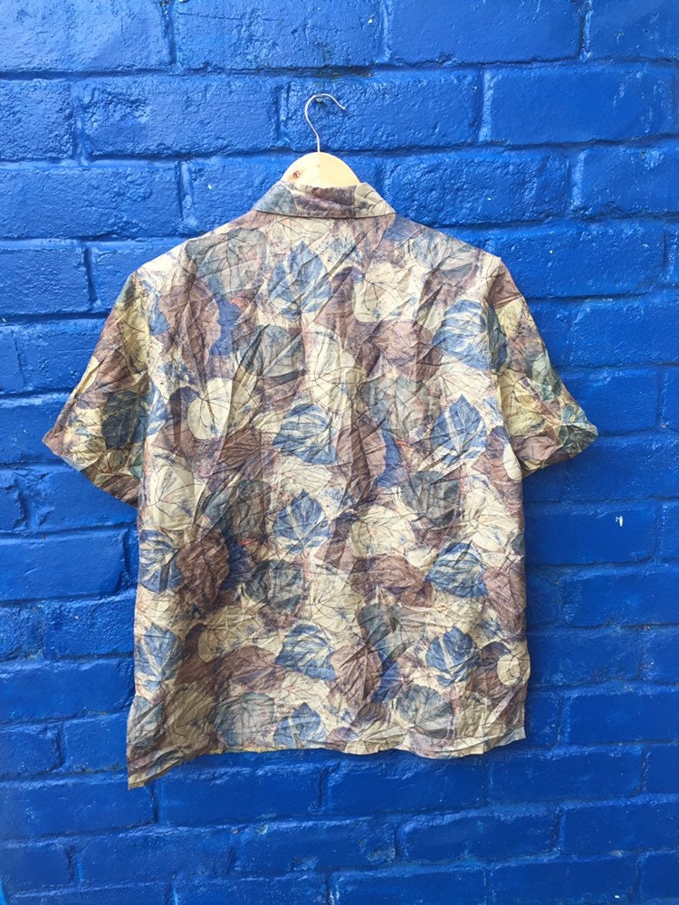 Ladies pure silk 90s autumn leaf print crazy abstract pattern oversized blouse size large