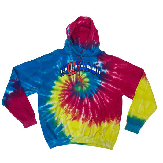 Vintage 00s pink yellow blue Colorado acid wash rave festival tie dye hoody pullover size XL