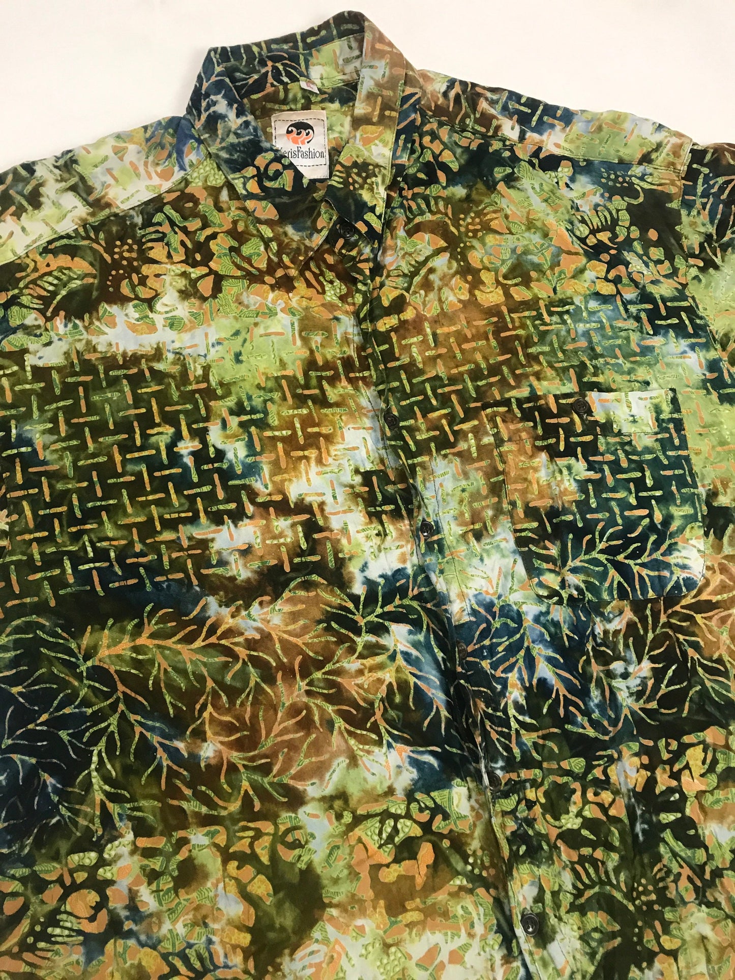 Vintage 90s mens ugly grungy green brown wax print batik ethnic style abstract pattern short sleeve summer party shirt size large