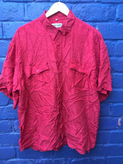 Vintage 90s bright red satin 100% silk oversized unisex twin pockets short sleeve shirt size XL